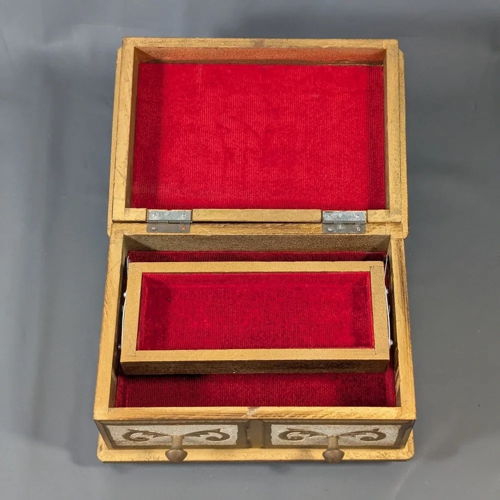 Vintage Gold Wood Jewelry Box Red Velvet Lined Cantilever Tray Scrollwork